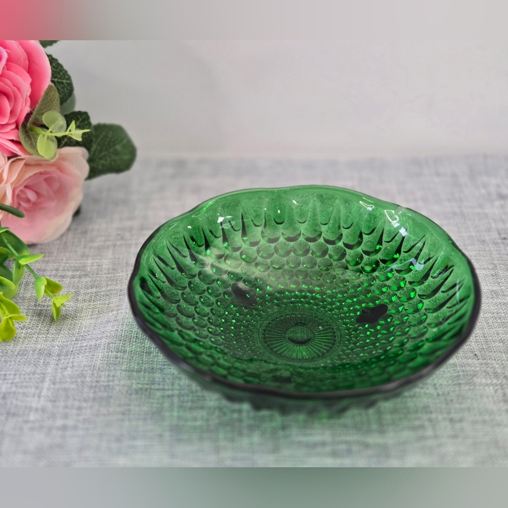 Vintage Emerald Green Glass "Hobnail" Pattern 3 Footed Candy Dish Anchor Hocking